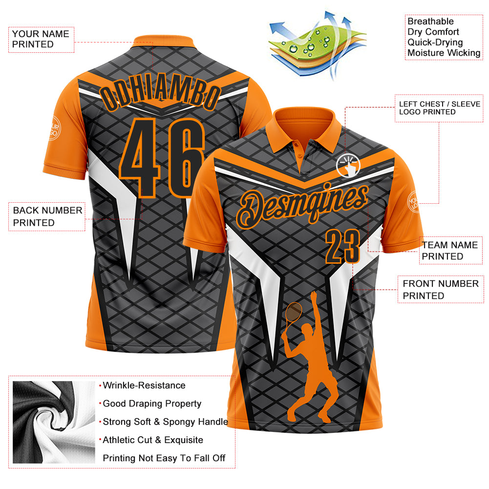 Custom Steel Gray Black-Bay Orange 3D Tennis Performance Polo Shirt