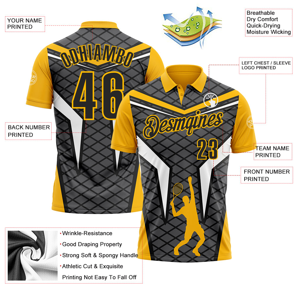 Custom Steel Gray Black-Gold 3D Tennis Performance Polo Shirt