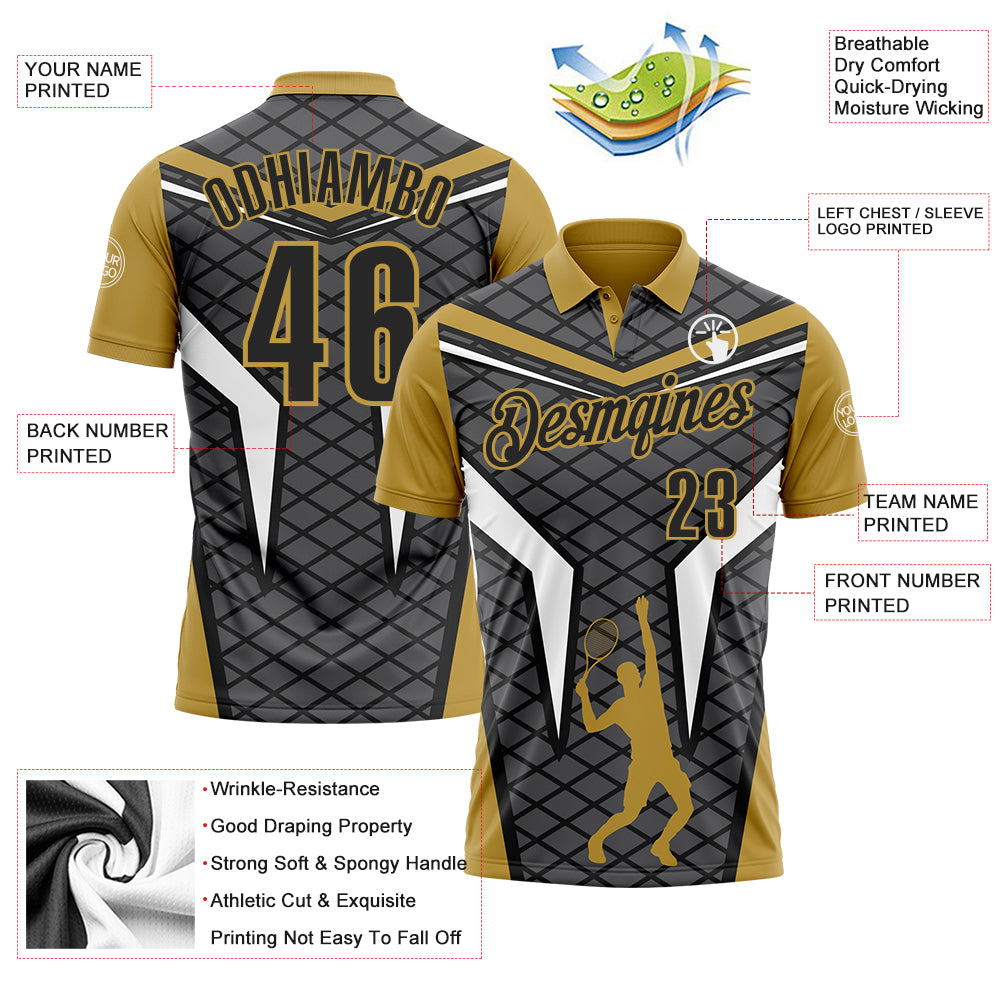 Custom Steel Gray Black-Old Gold 3D Tennis Performance Polo Shirt