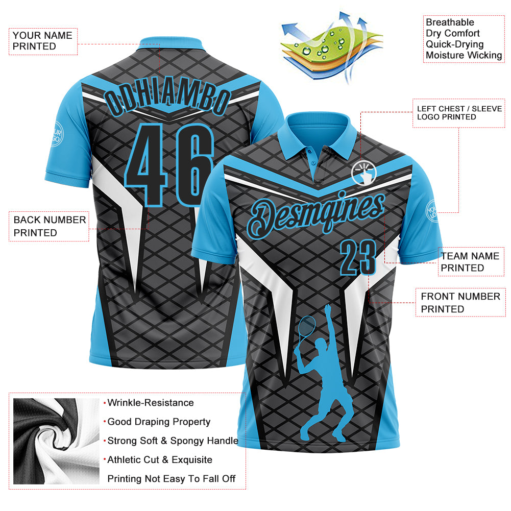 Custom Steel Gray Black-Sky Blue 3D Tennis Performance Polo Shirt