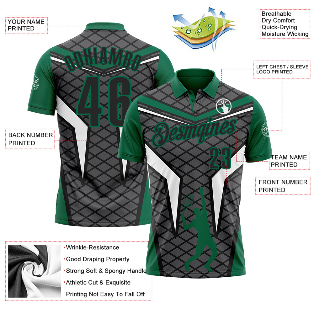 Custom Steel Gray Black-Kelly Green 3D Tennis Performance Polo Shirt