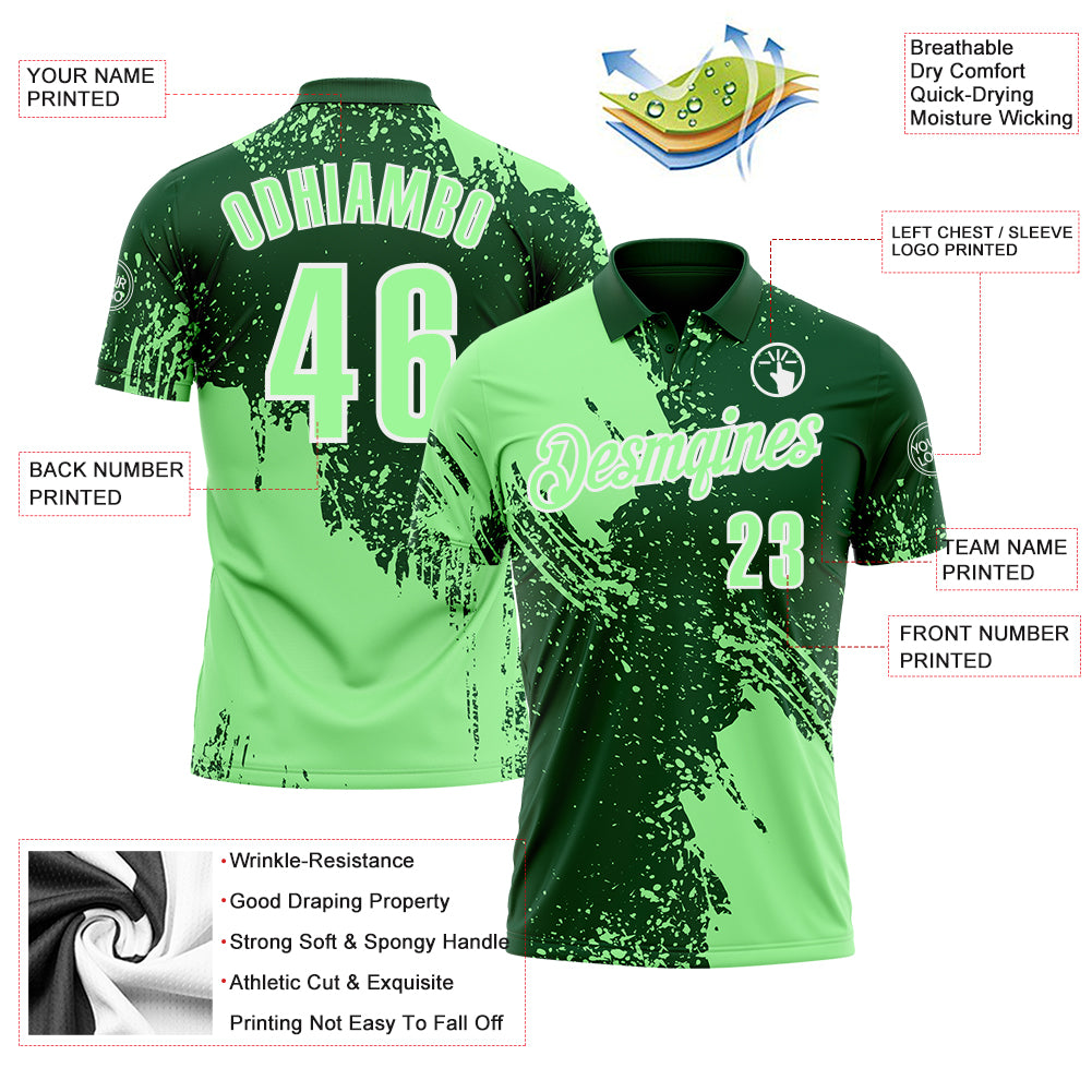 Custom Pea Green Green-White 3D Pattern Design Abstract Brush Stroke Performance Polo Shirt