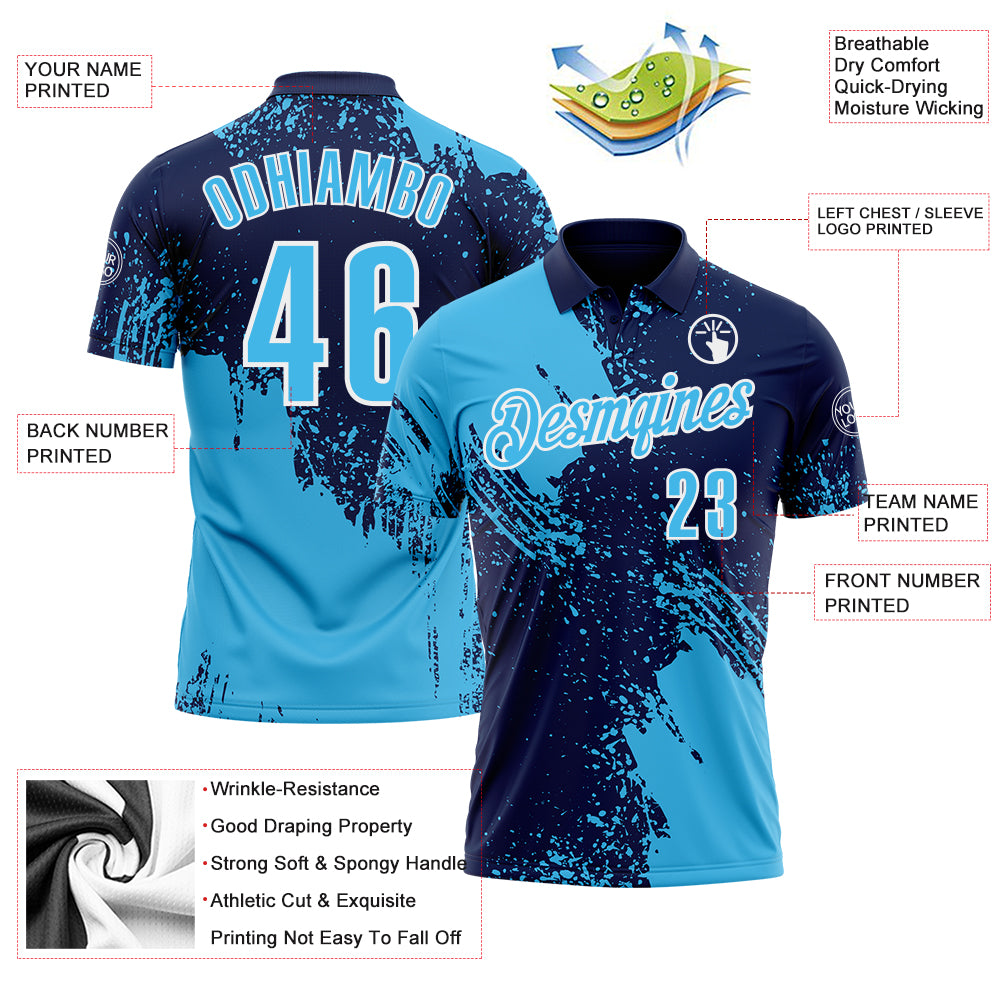 Custom Sky Blue Navy-White 3D Pattern Design Abstract Brush Stroke Performance Polo Shirt