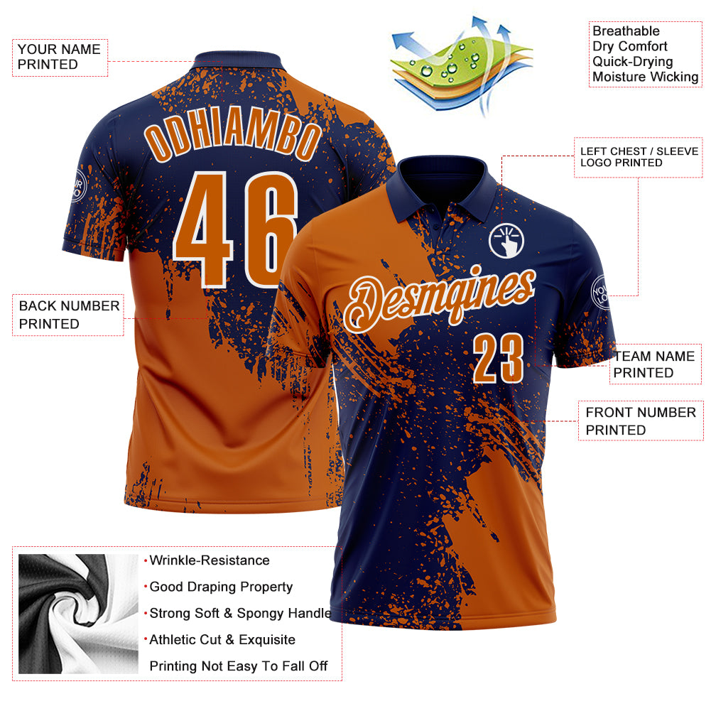 Custom Texas Orange Navy-White 3D Pattern Design Abstract Brush Stroke Performance Polo Shirt