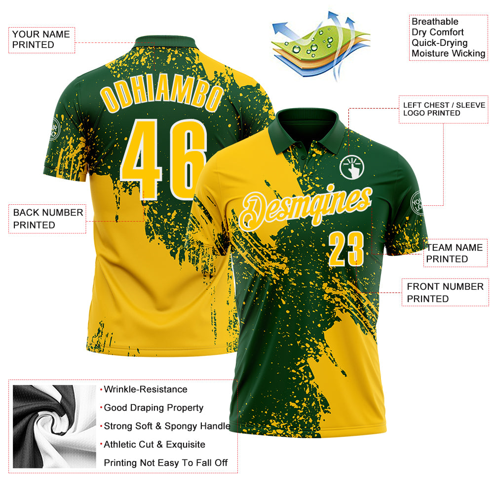 Custom Yellow Green-White 3D Pattern Design Abstract Brush Stroke Performance Polo Shirt