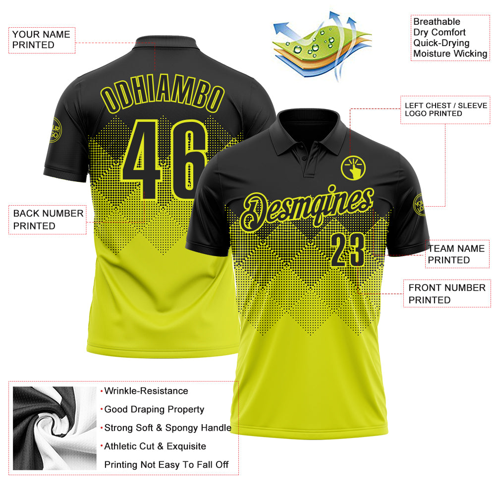 Custom Black Neon Yellow 3D Gradient Square Shape Performance Polo Shirt