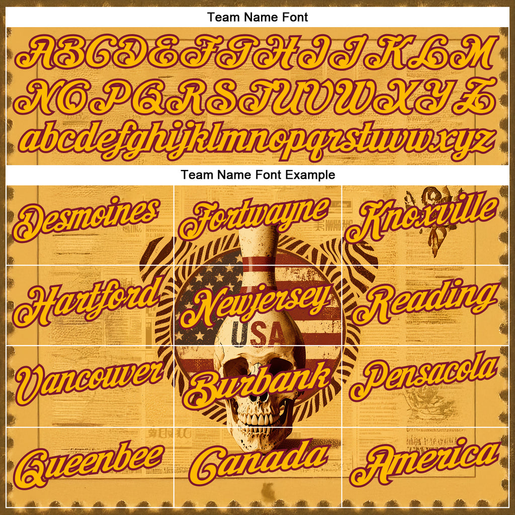 Custom Yellow Gold-Crimson 3D Retro American Flag Skull Bowling Performance Polo Shirt