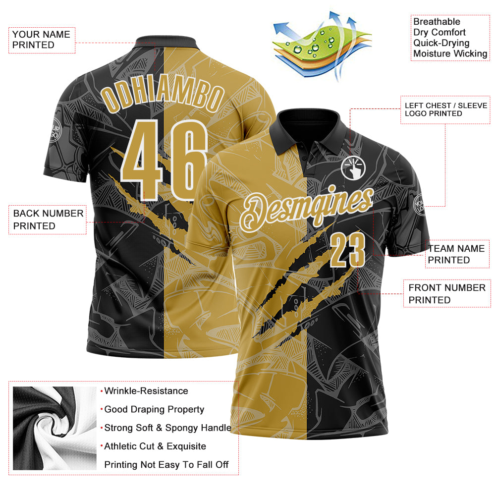 Custom Graffiti Pattern Old Gold Black-White 3D Scratch Performance Polo Shirt