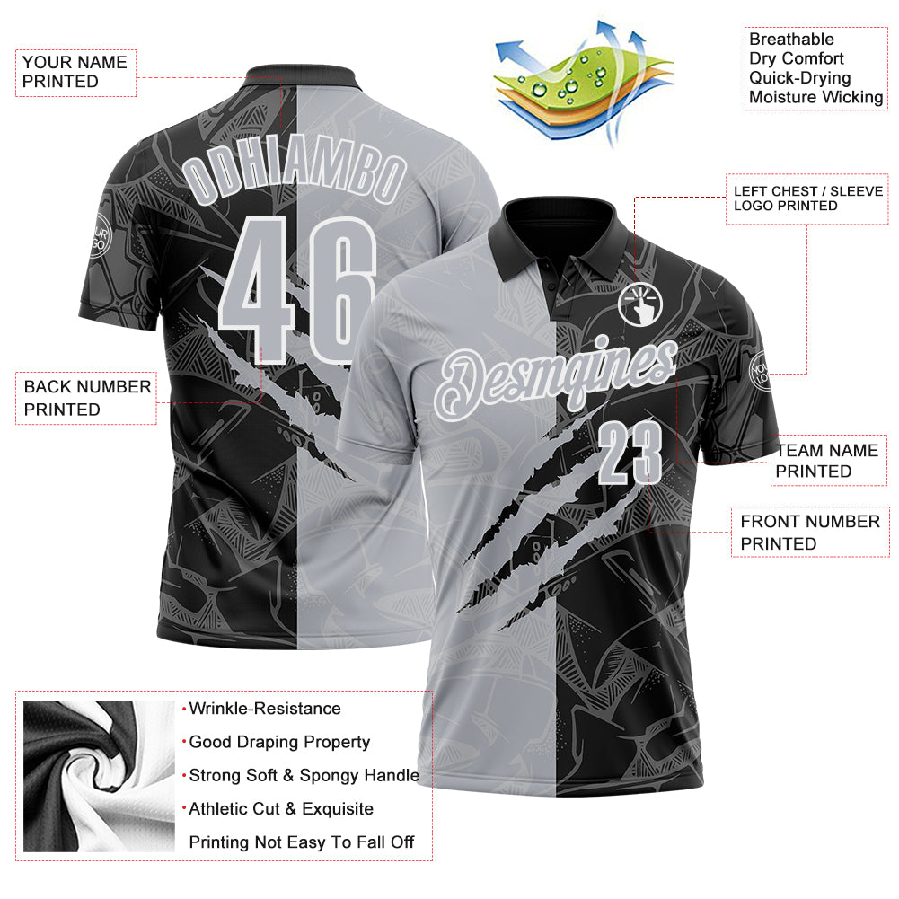 Custom Graffiti Pattern Gray Black-White 3D Scratch Performance Polo Shirt