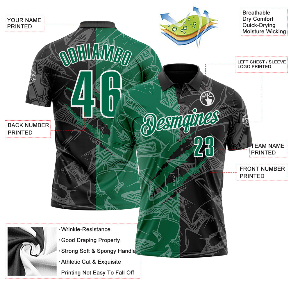 Custom Graffiti Pattern Kelly Green Black-White 3D Scratch Performance Polo Shirt