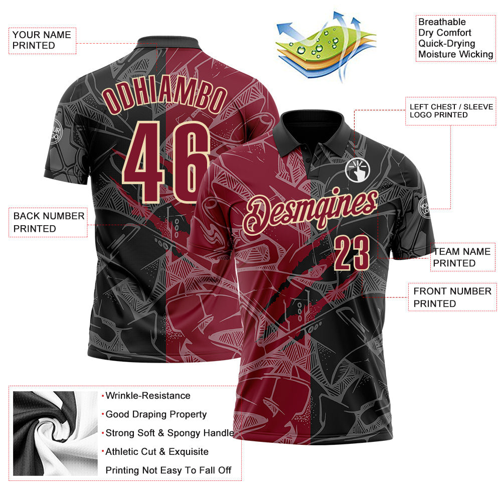 Custom Graffiti Pattern Crimson Black-Cream 3D Scratch Performance Polo Shirt