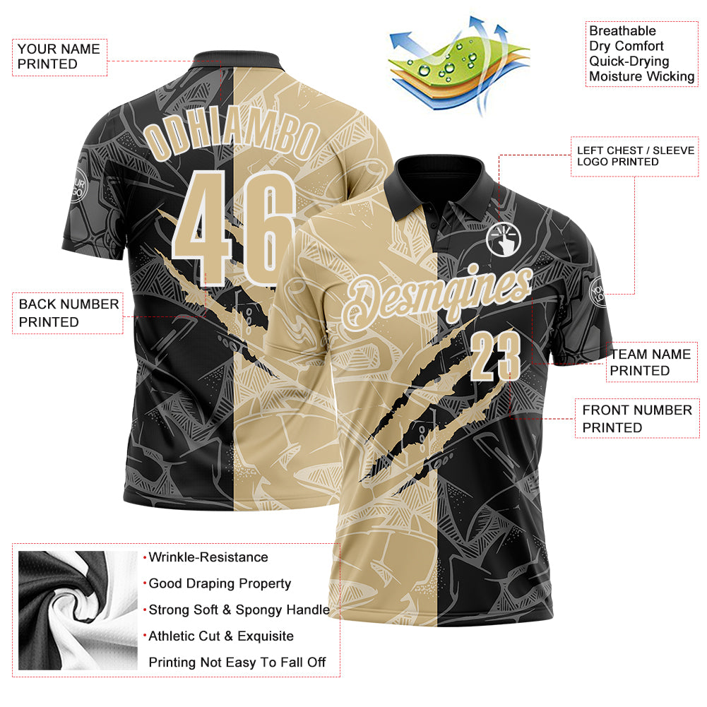 Custom Graffiti Pattern Vegas Gold Black-White 3D Scratch Performance Polo Shirt