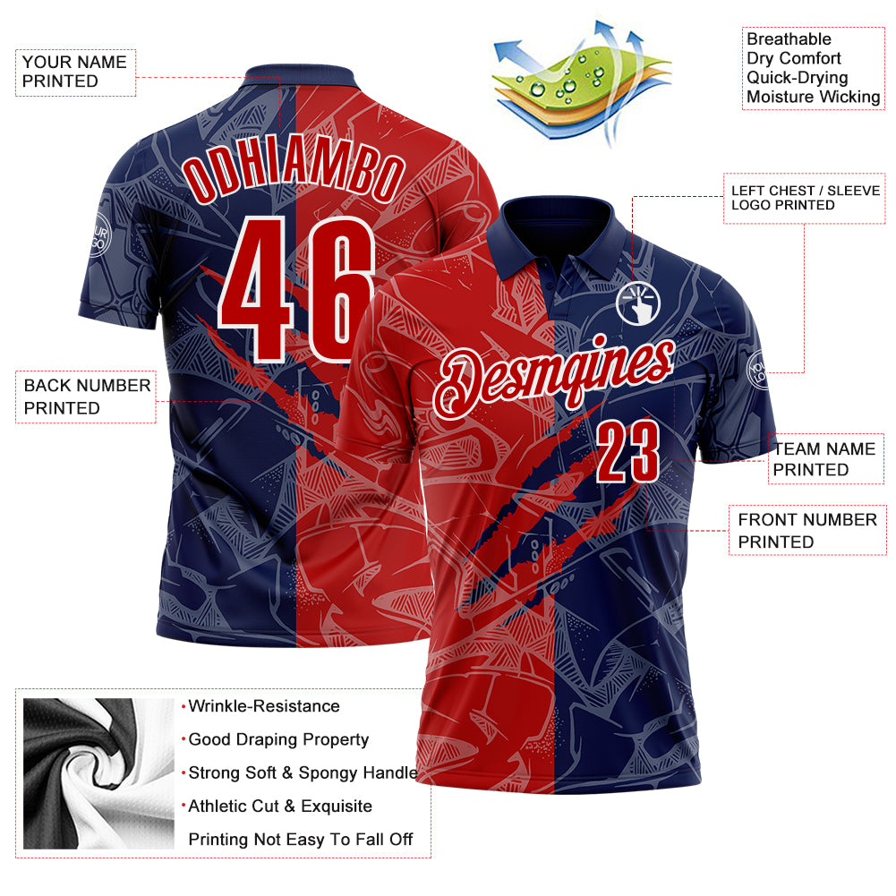 Custom Graffiti Pattern Red Navy-White 3D Scratch Performance Polo Shirt