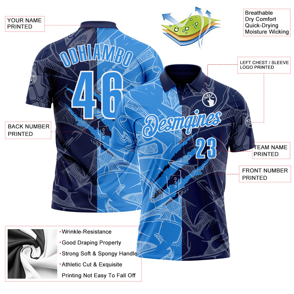 Custom Graffiti Pattern Powder Blue Navy-White 3D Scratch Performance Polo Shirt