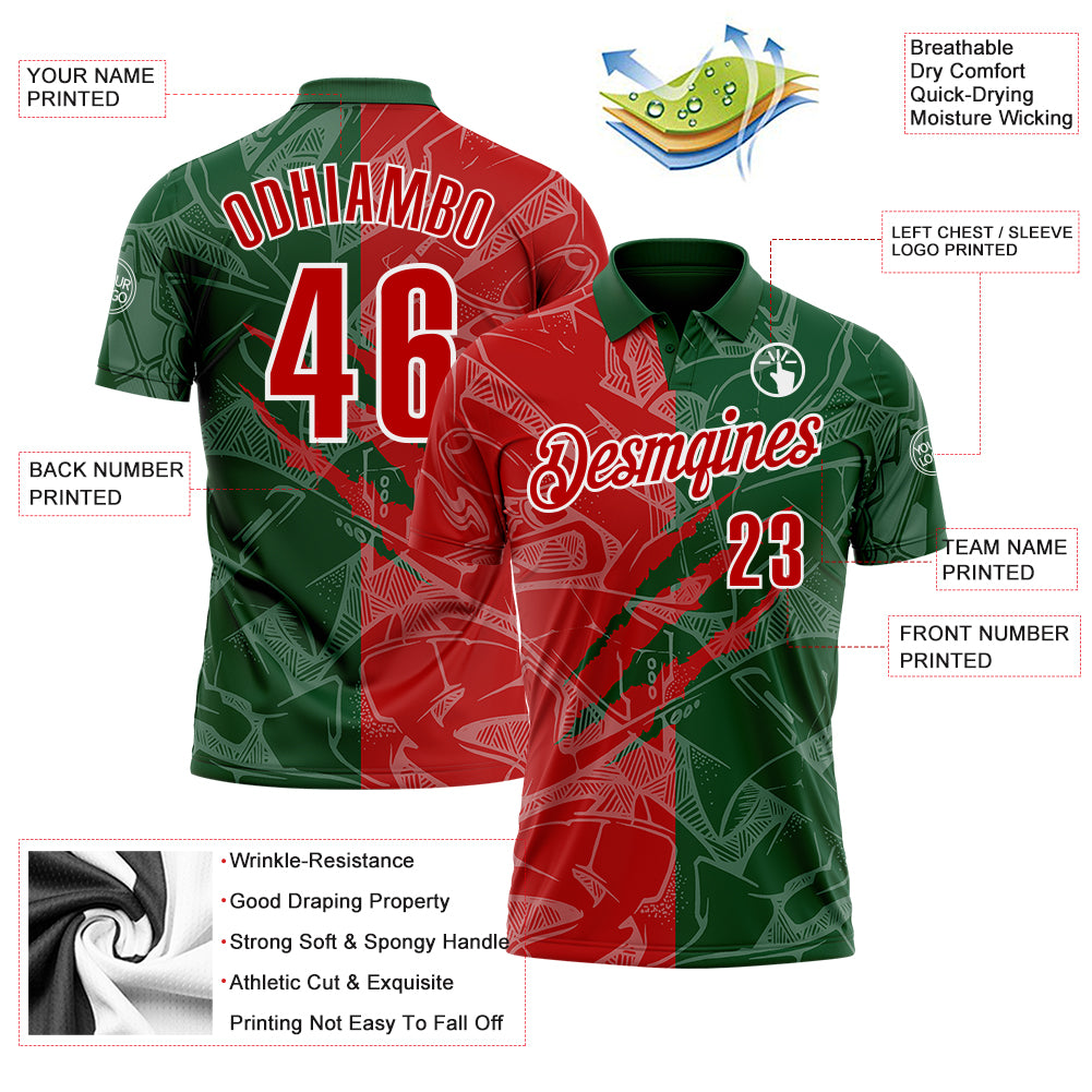 Custom Graffiti Pattern Red Green-White 3D Scratch Performance Polo Shirt