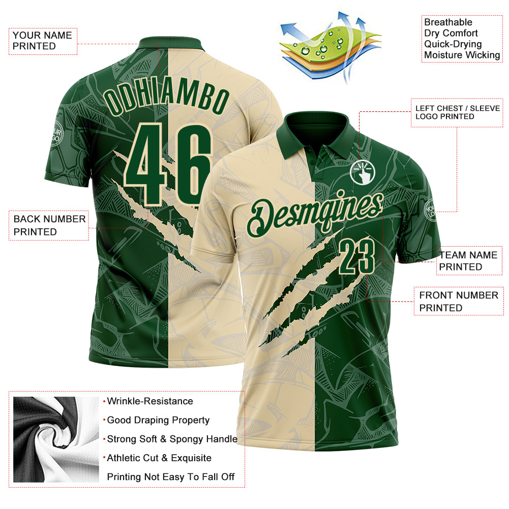 Custom Graffiti Pattern Green-Cream 3D Scratch Performance Polo Shirt