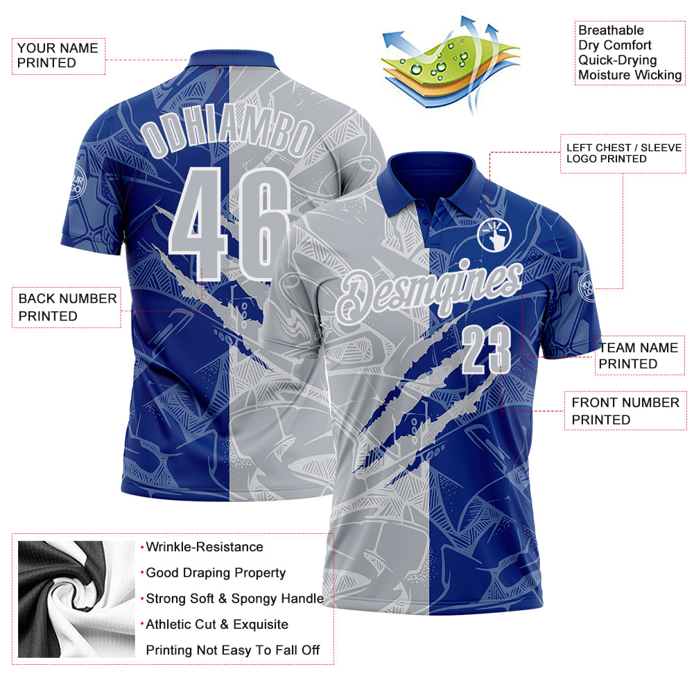 Custom Graffiti Pattern Gray Royal-White 3D Scratch Performance Polo Shirt
