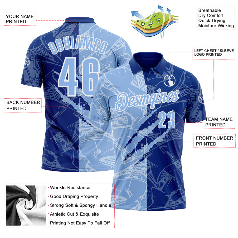 Custom Graffiti Pattern Light Blue Royal-White 3D Scratch Performance Polo Shirt