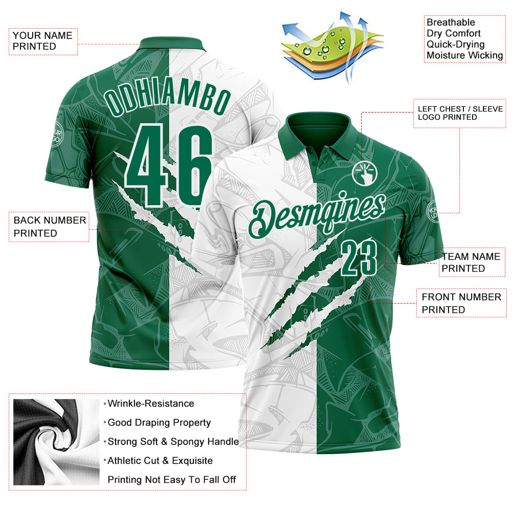 Custom Graffiti Pattern Kelly Green-White 3D Scratch Performance Polo Shirt