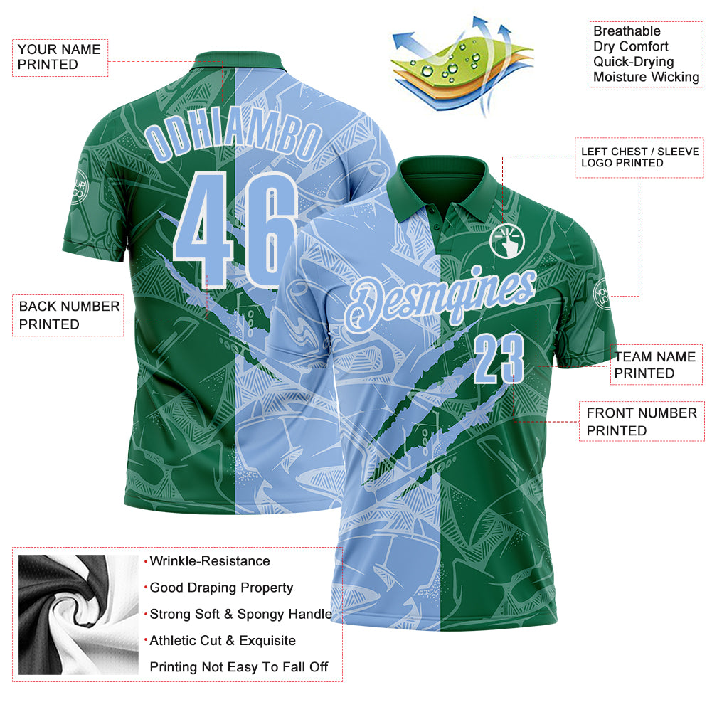 Custom Graffiti Pattern Light Blue Kelly Green-White 3D Scratch Performance Polo Shirt