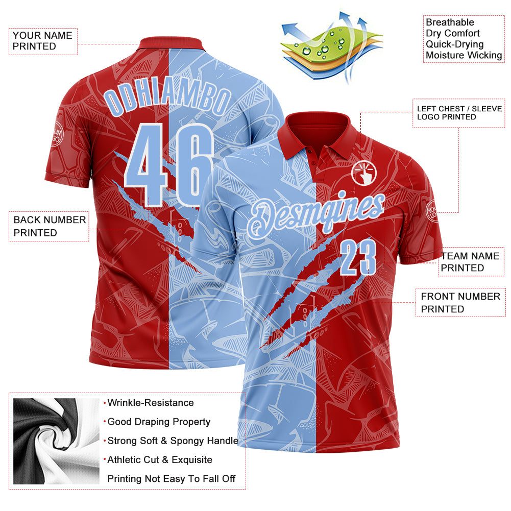Custom Graffiti Pattern Light Blue Red-White 3D Scratch Performance Polo Shirt