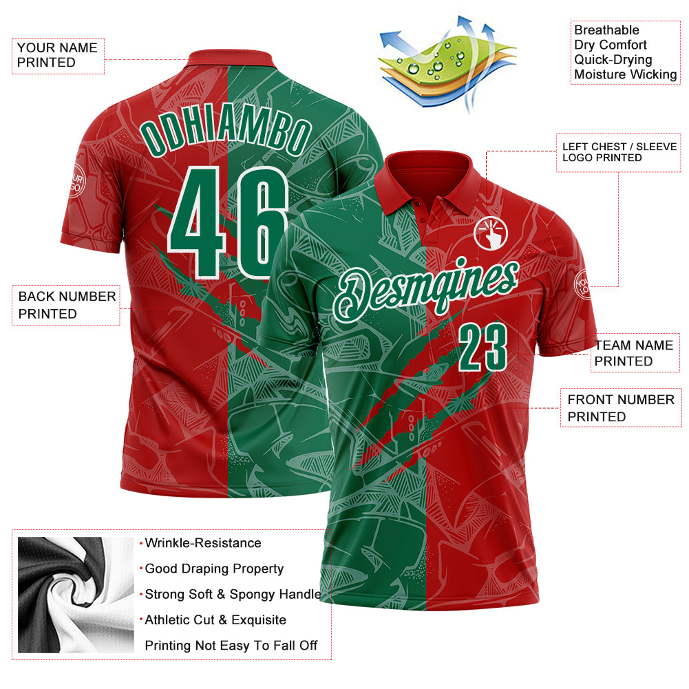 Custom Graffiti Pattern Kelly Green Red-White 3D Scratch Performance Polo Shirt