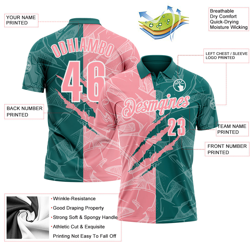 Custom Graffiti Pattern Medium Pink Teal-White 3D Scratch Performance Polo Shirt