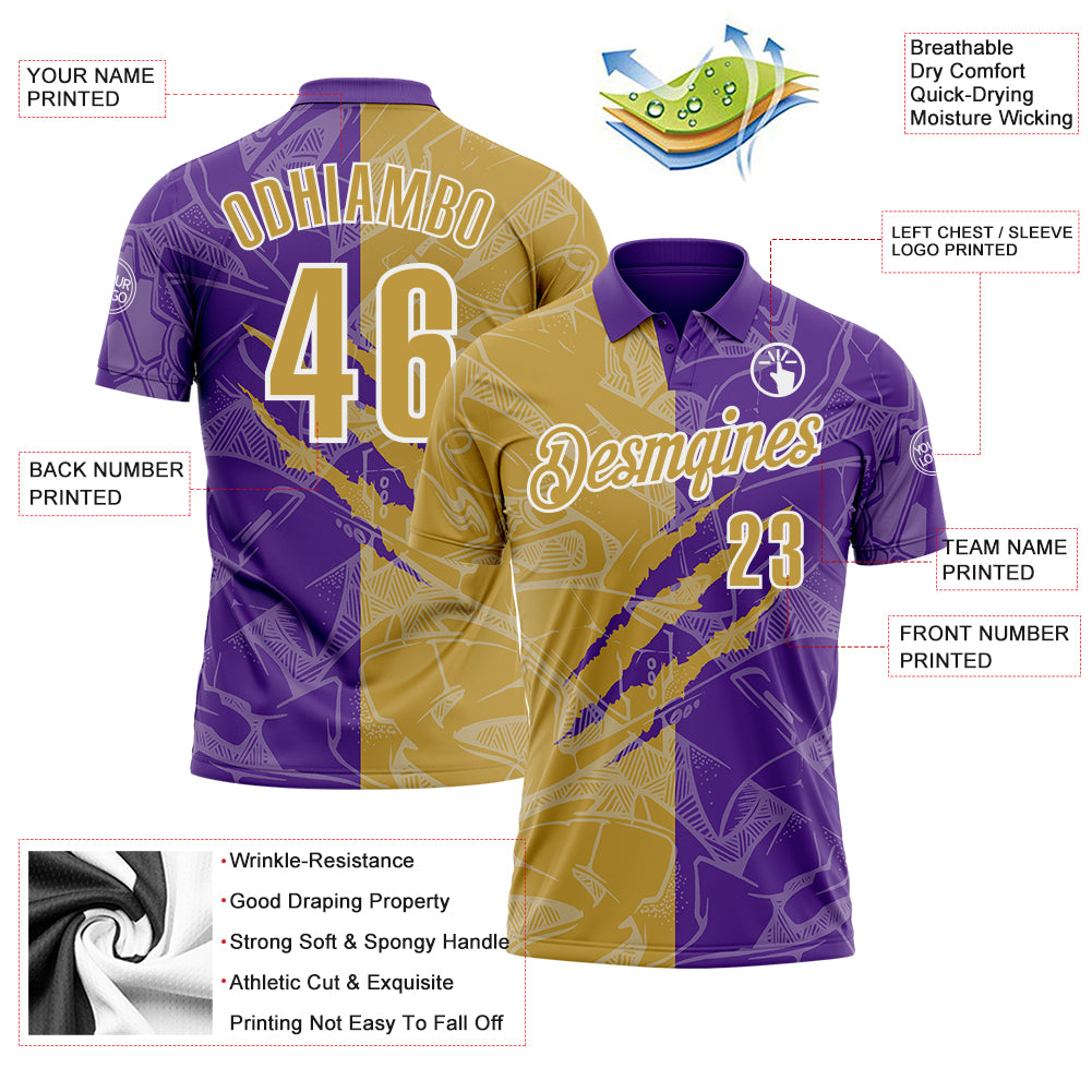 Custom Graffiti Pattern Old Gold Purple-White 3D Scratch Performance Polo Shirt