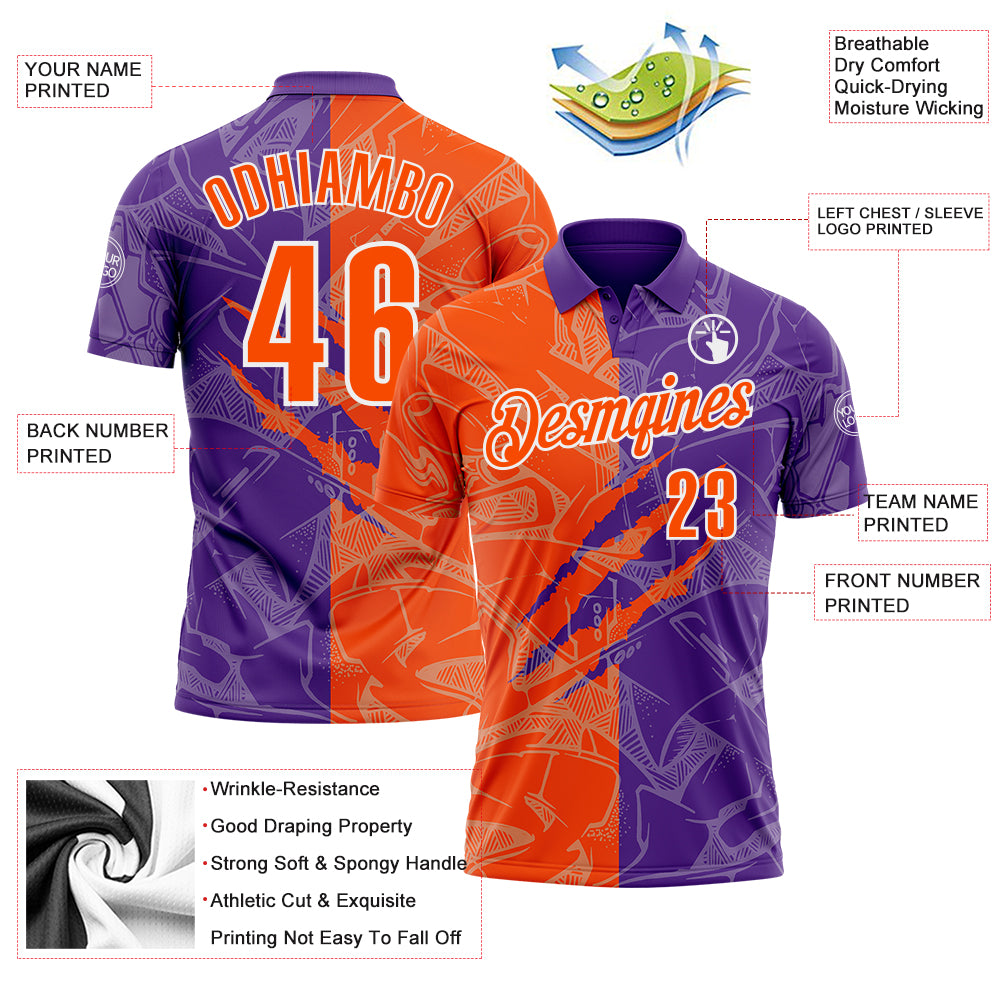 Custom Graffiti Pattern Orange Purple-White 3D Scratch Performance Polo Shirt
