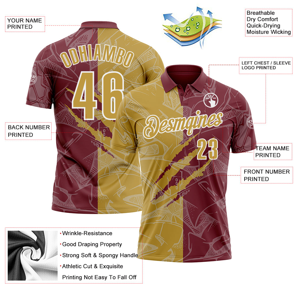 Custom Graffiti Pattern Old Gold Burgundy-White 3D Scratch Performance Polo Shirt