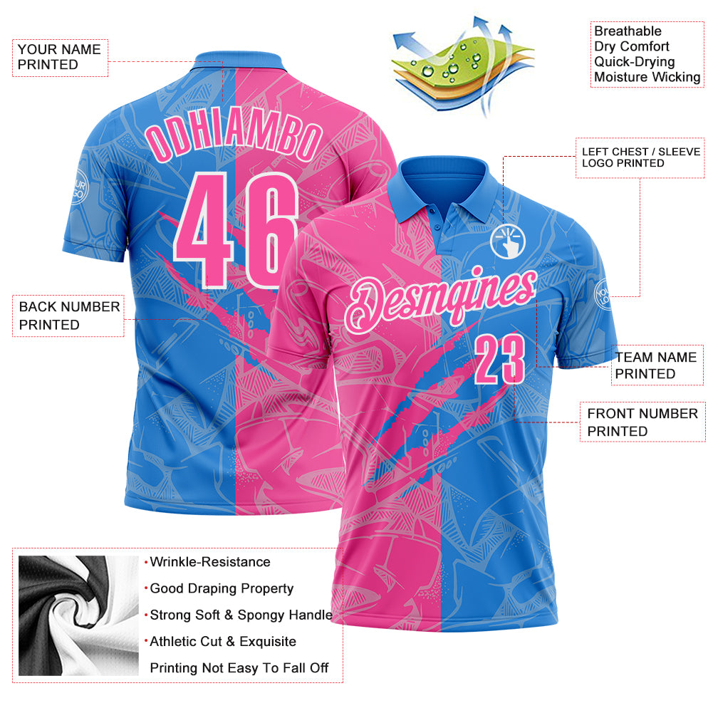 Custom Graffiti Pattern Pink Powder Blue-White 3D Scratch Performance Polo Shirt
