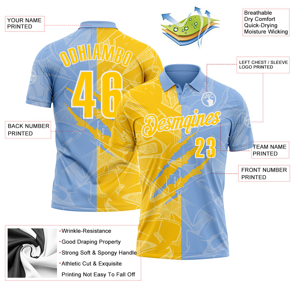 Custom Graffiti Pattern Yellow Light Blue-White 3D Scratch Performance Polo Shirt