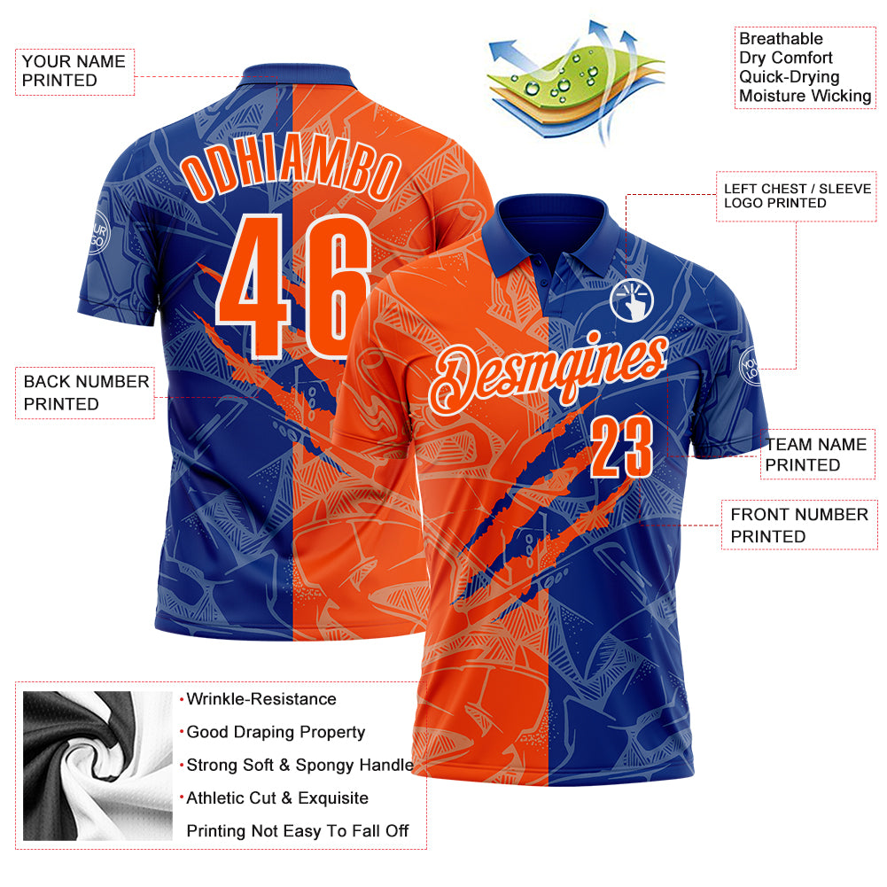 Custom Graffiti Pattern Orange Royal-White 3D Scratch Performance Polo Shirt