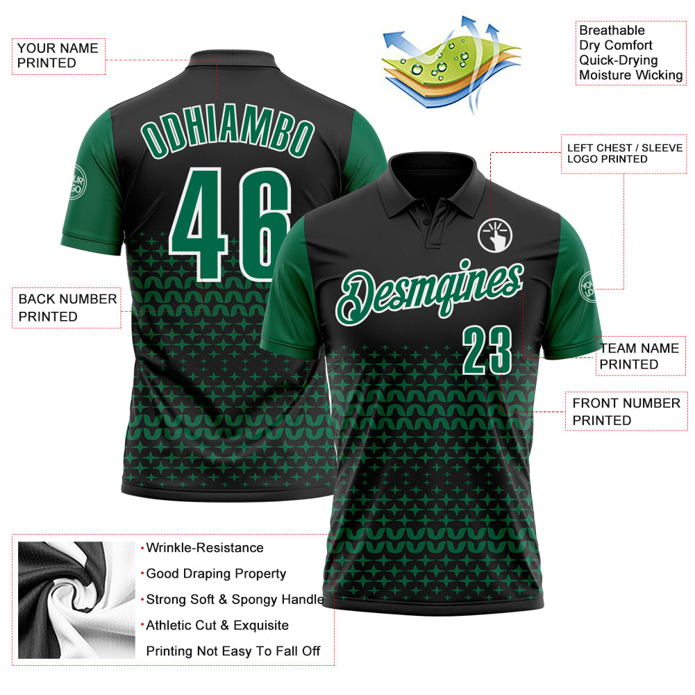 Custom Black Kelly Green-White 3D Pattern Design Star Performance Polo Shirt