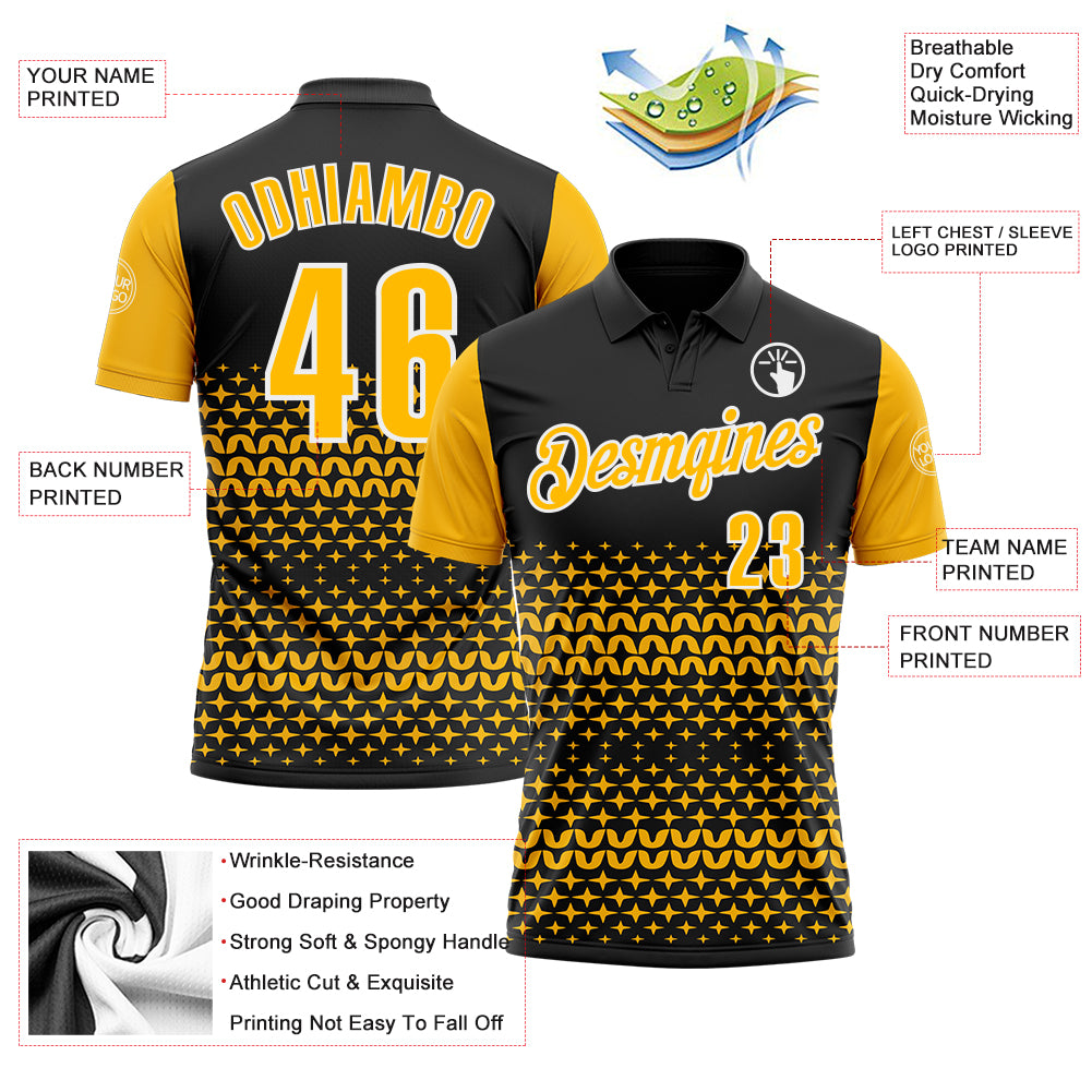 Custom Black Gold-White 3D Pattern Design Star Performance Polo Shirt