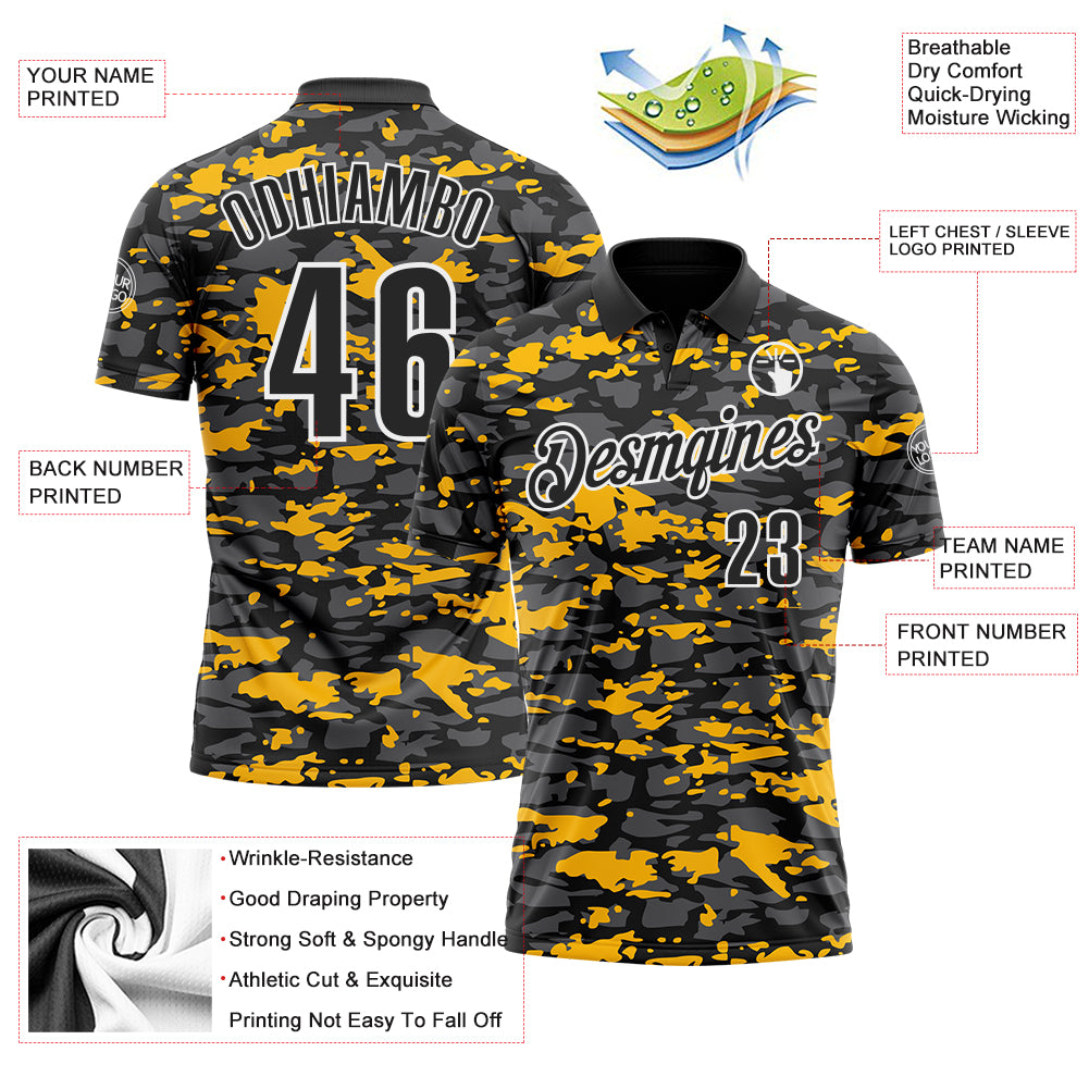 Custom Black Steel Gray Gold-White 3D Pattern Design Splash Performance Polo Shirt