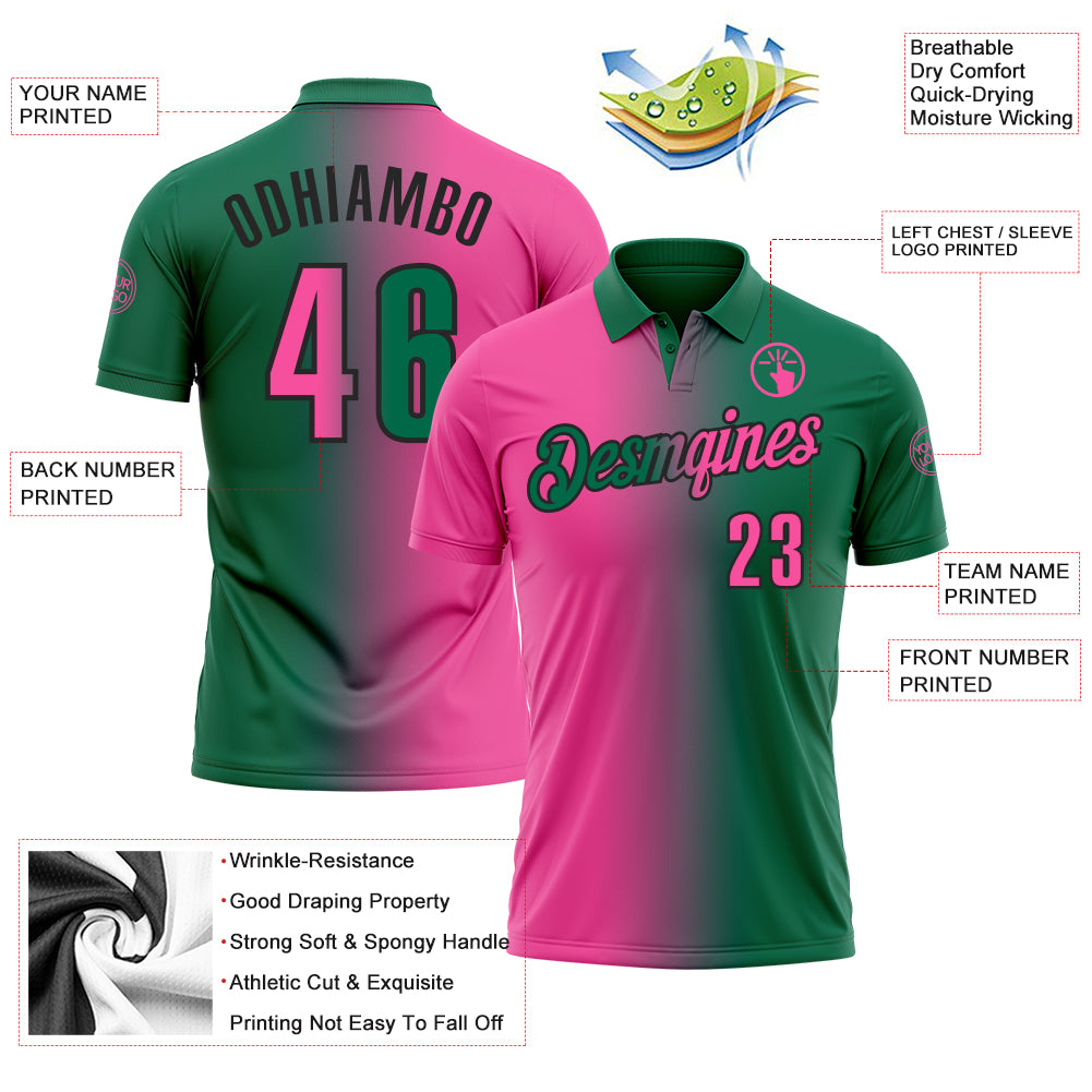 Custom Kelly Green Pink-Black 3D Gradient Fashion Performance Polo Shirt