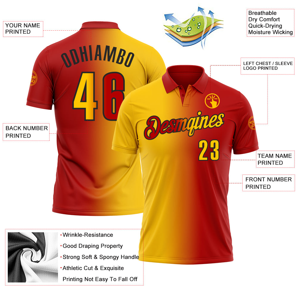 Custom Red Yellow-Black 3D Gradient Fashion Performance Polo Shirt
