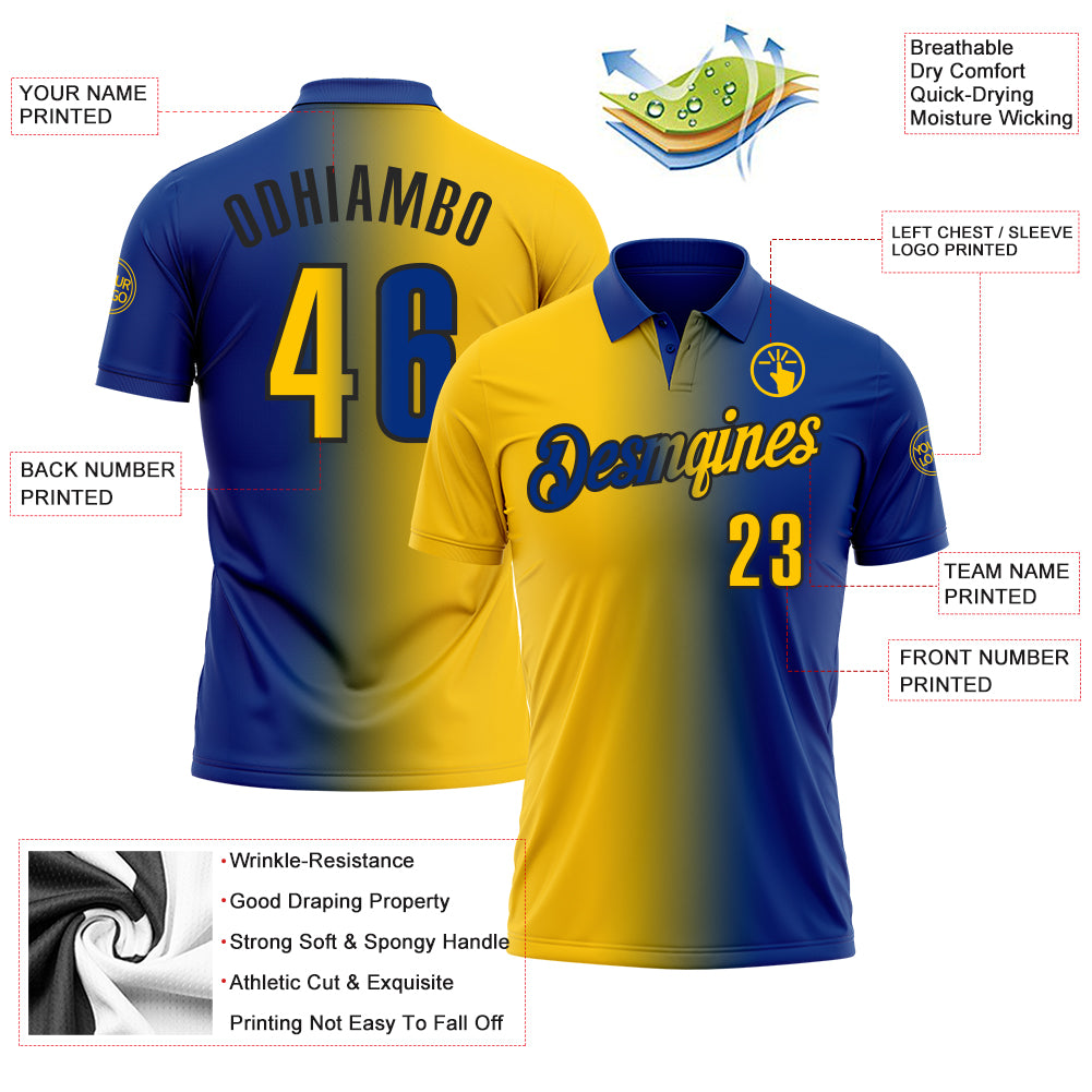 Custom Royal Yellow-Black 3D Gradient Fashion Performance Polo Shirt