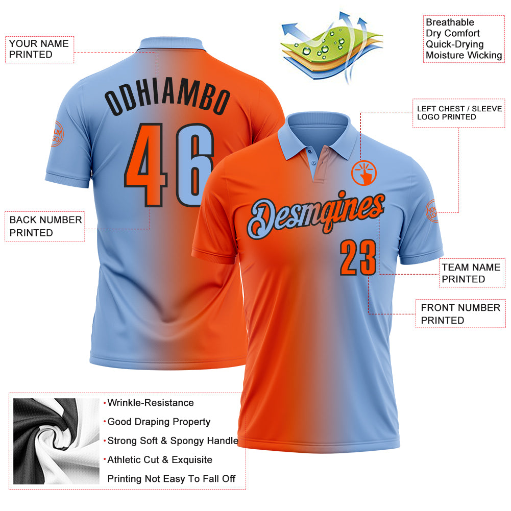 Custom Light Blue Orange-Black 3D Gradient Fashion Performance Polo Shirt