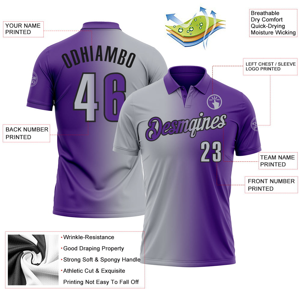 Custom Purple Gray-Black 3D Gradient Fashion Performance Polo Shirt