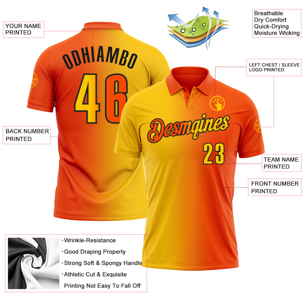 Custom Orange Yellow-Black 3D Gradient Fashion Performance Polo Shirt