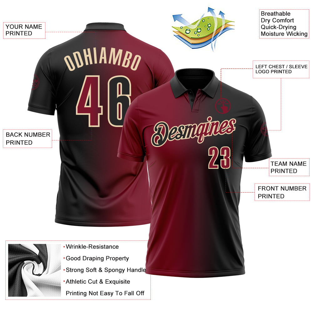 Custom Black Crimson-City Cream 3D Gradient Fashion Performance Polo Shirt