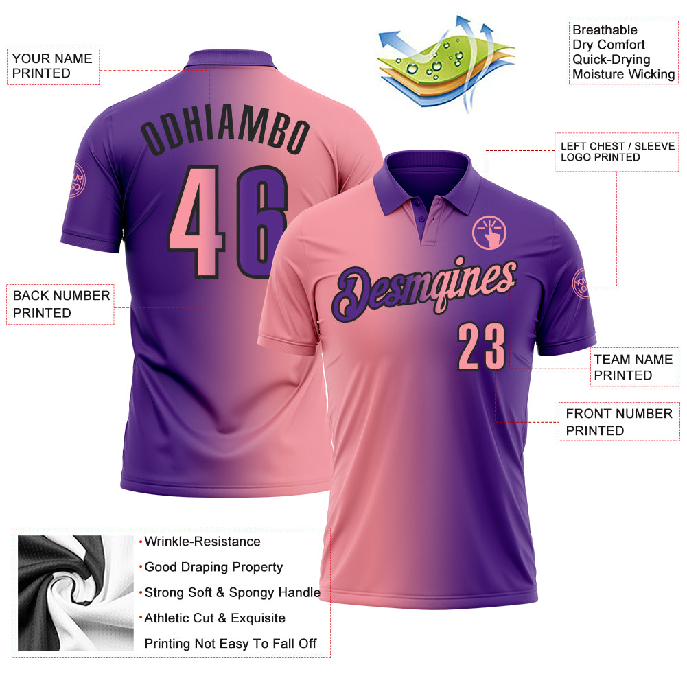 Custom Purple Medium Pink-Black 3D Gradient Fashion Performance Polo Shirt