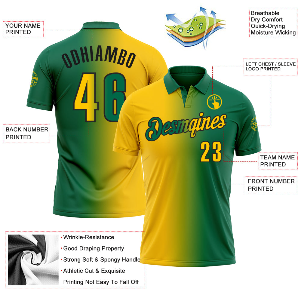 Custom Kelly Green Yellow-Black 3D Gradient Fashion Performance Polo Shirt