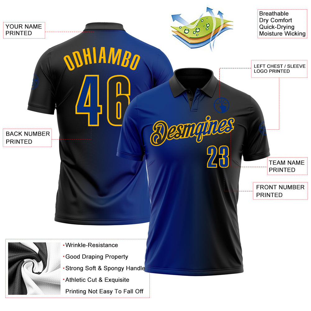 Custom Black Royal-Gold 3D Gradient Fashion Performance Polo Shirt