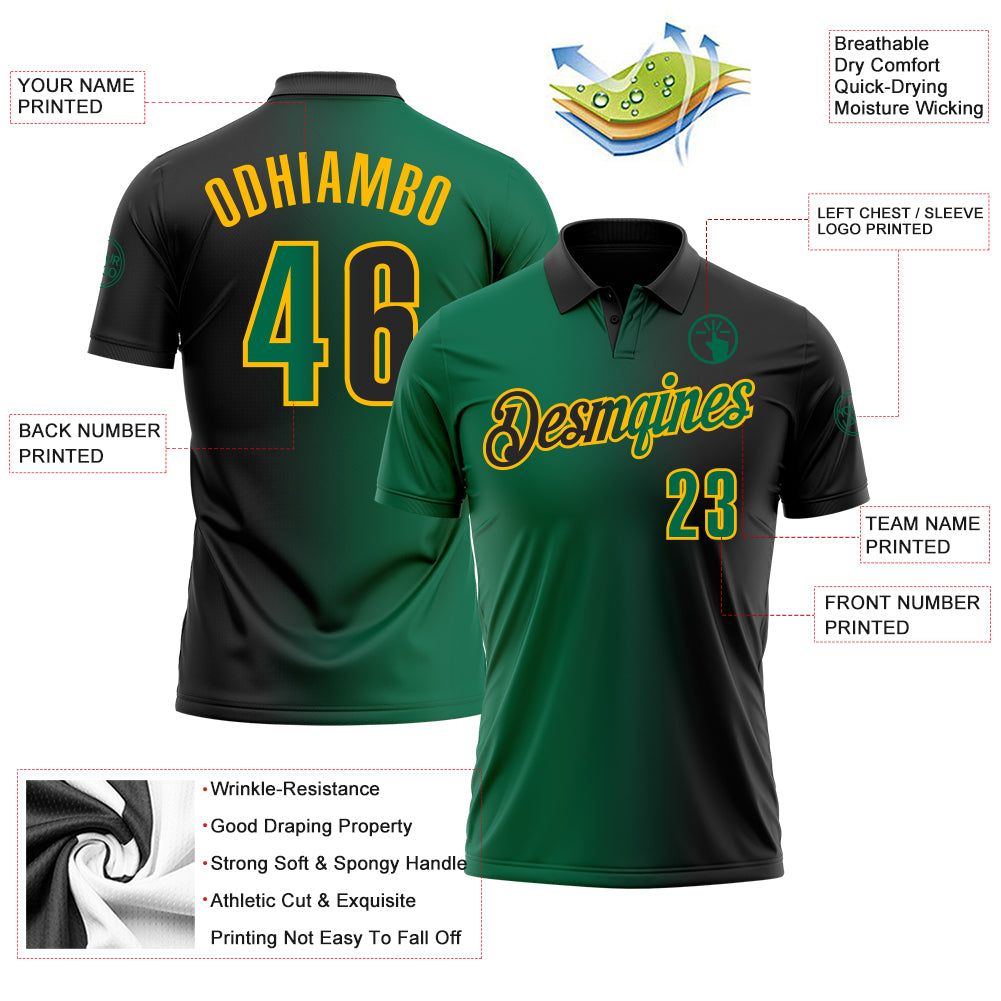 Custom Black Kelly Green-Gold 3D Gradient Fashion Performance Polo Shirt