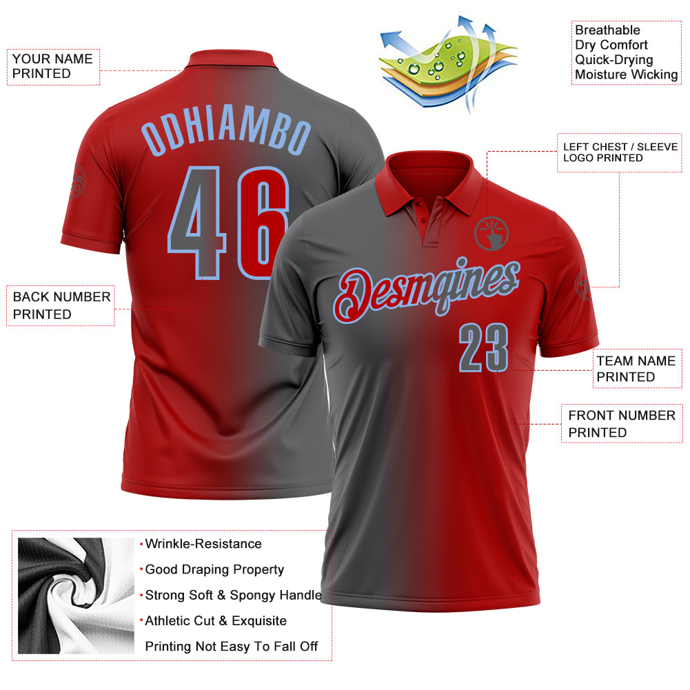 Custom Red Steel Gray-Light Blue 3D Gradient Fashion Performance Polo Shirt