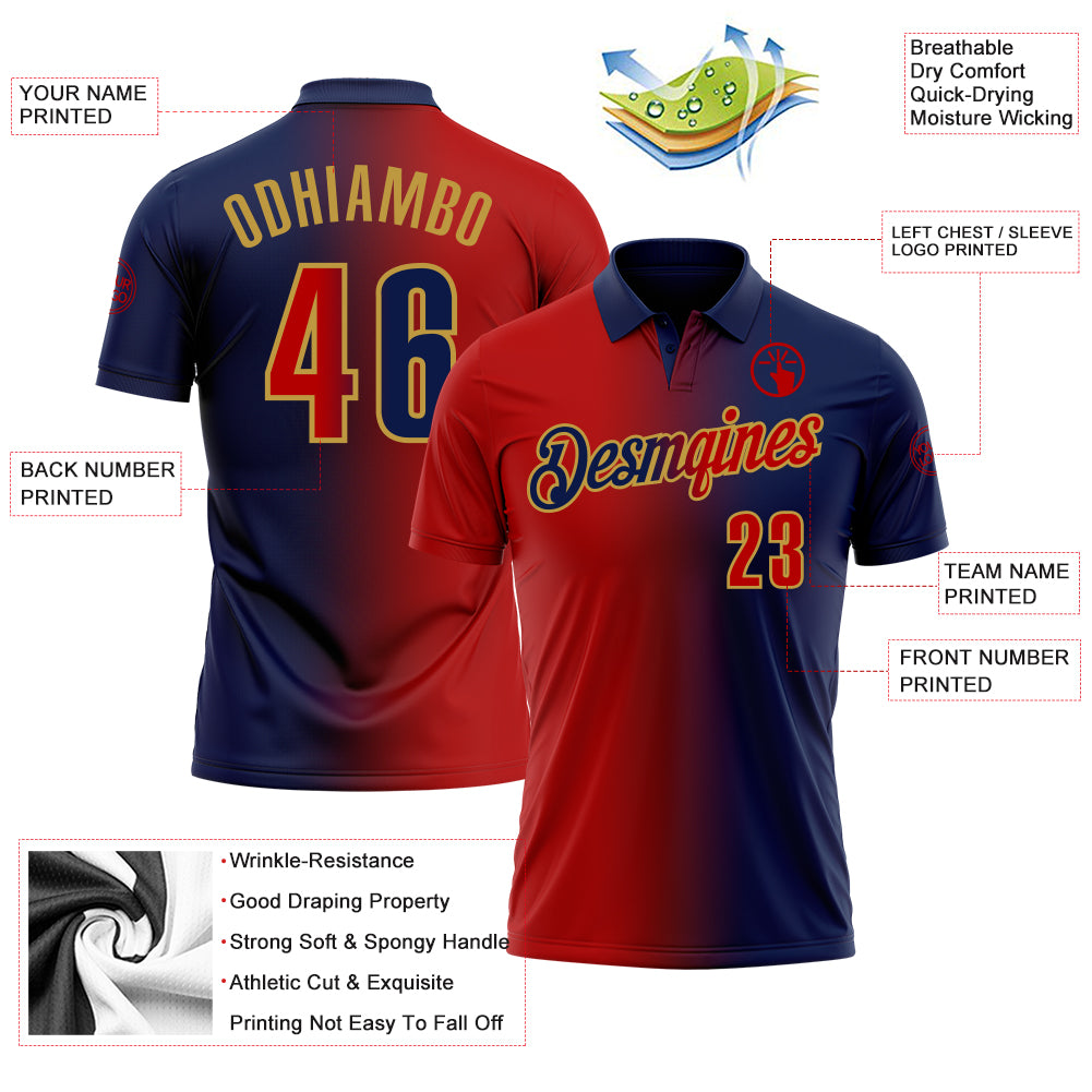 Custom Navy Red-Old Gold 3D Gradient Fashion Performance Polo Shirt