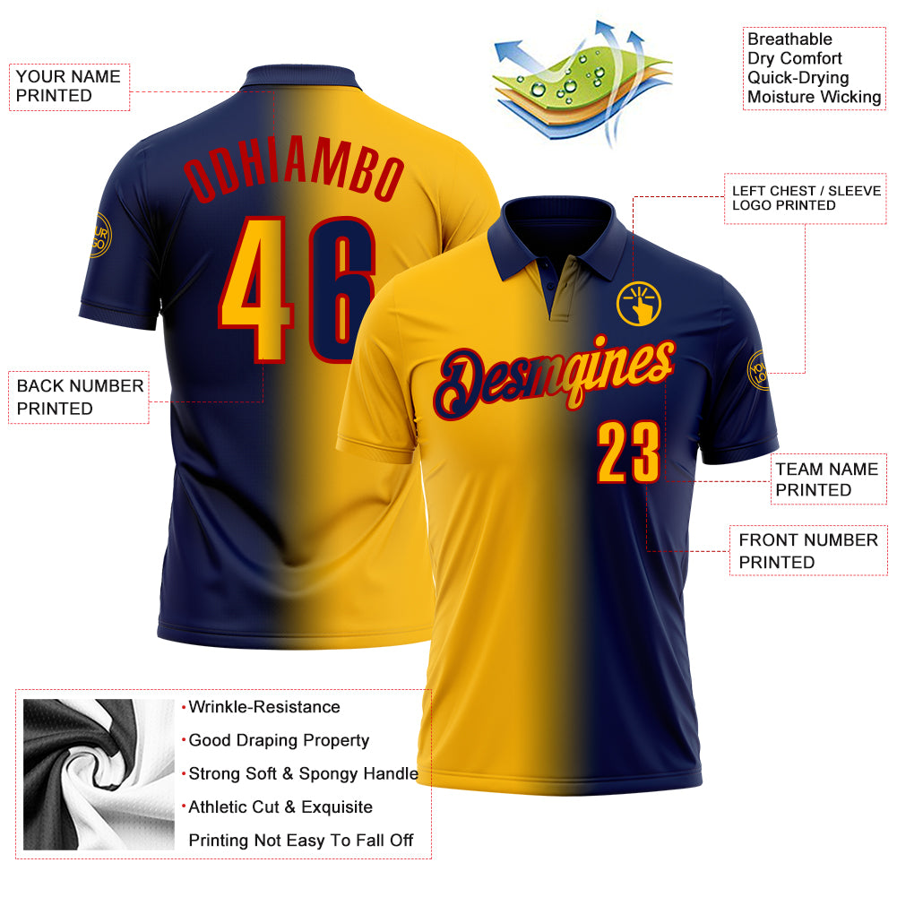 Custom Navy Gold-Red 3D Gradient Fashion Performance Polo Shirt